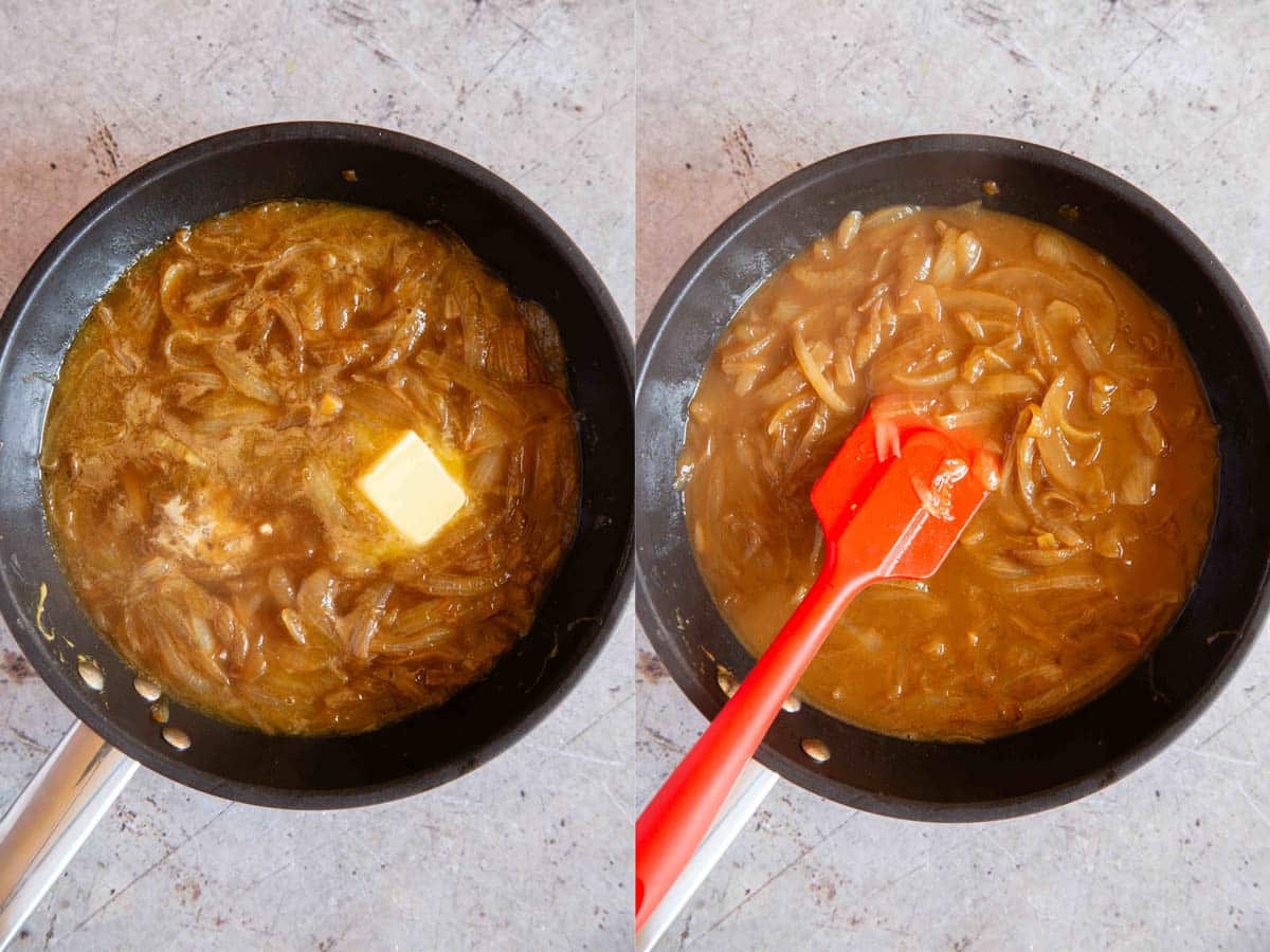 a collage adding butter to the gravy and then the glossy thickened gravy