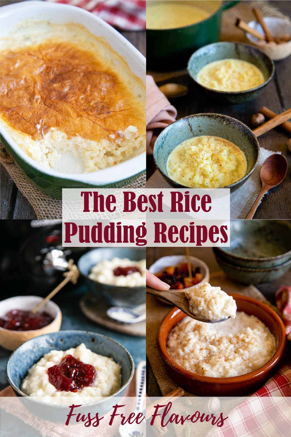 a collage of images of four different rice puddings. Text overlay reads best rice pudding recipes