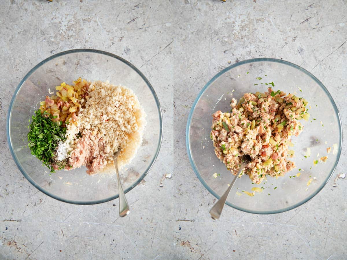 a collage firstly all the ingredients have been added to a bowl secondly all mixed together using a fork