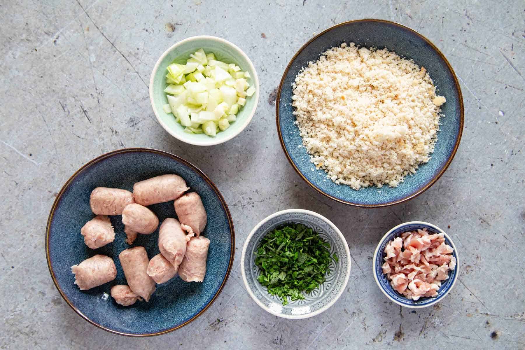 the prepared ingredients for the stuffing laid out ready for cooking