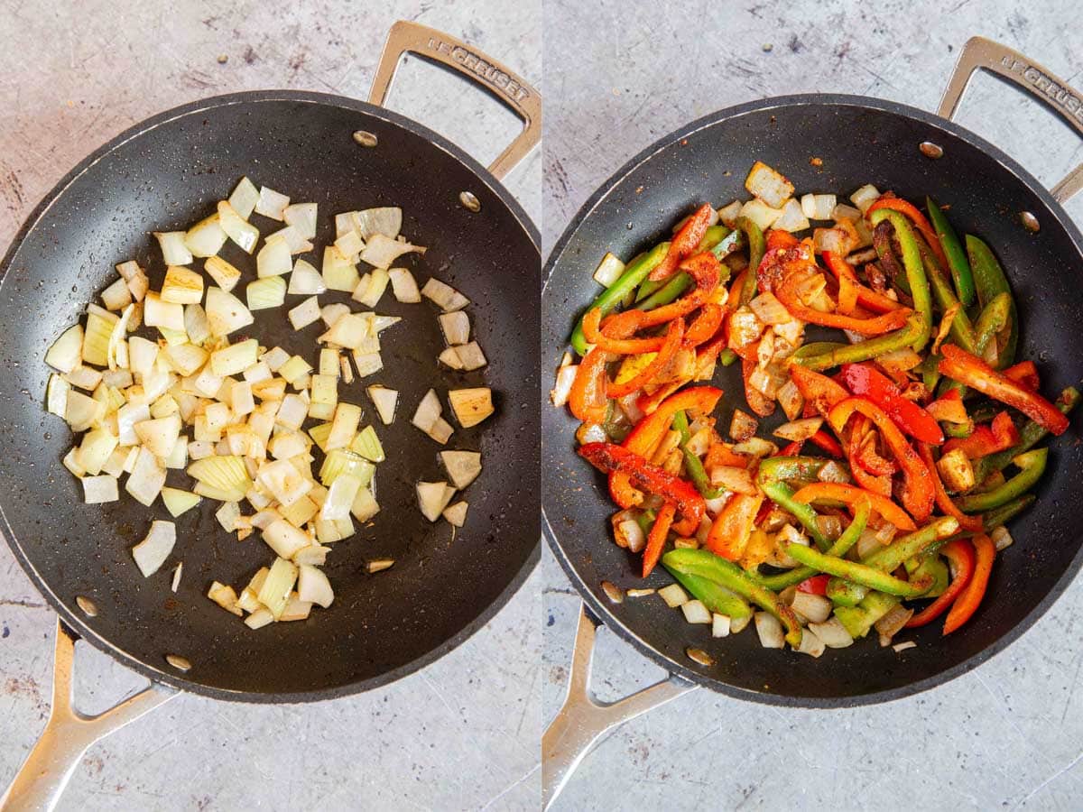 a collage firstly onion fried until it is turning golden then the spices garlic and peppers are added and fried