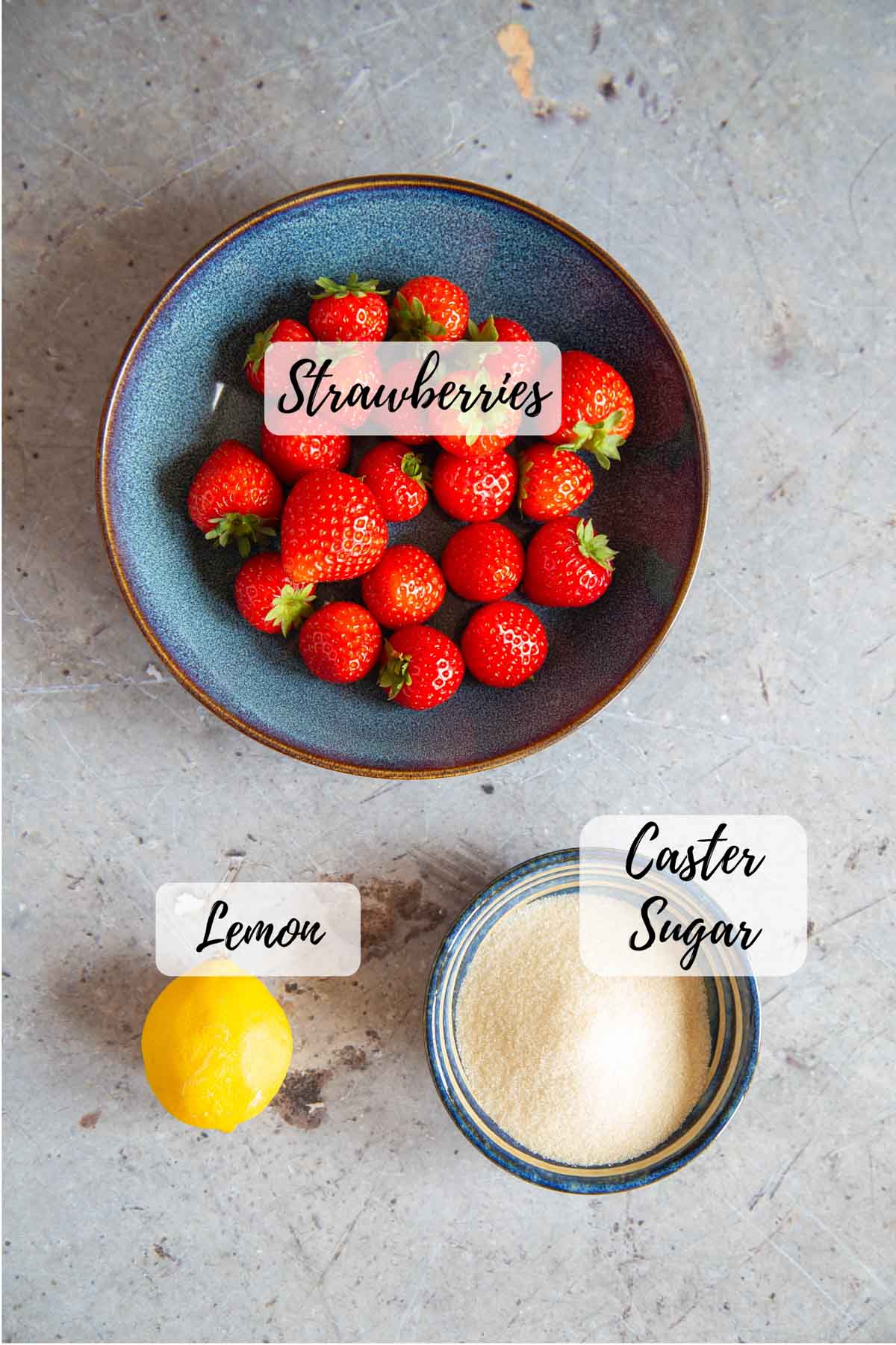 Ingrediens for strawberry coulis - text overlay names each one