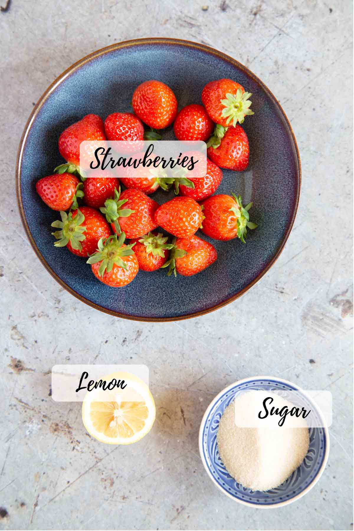 Ingredients for strawberry puree text overlay names each one