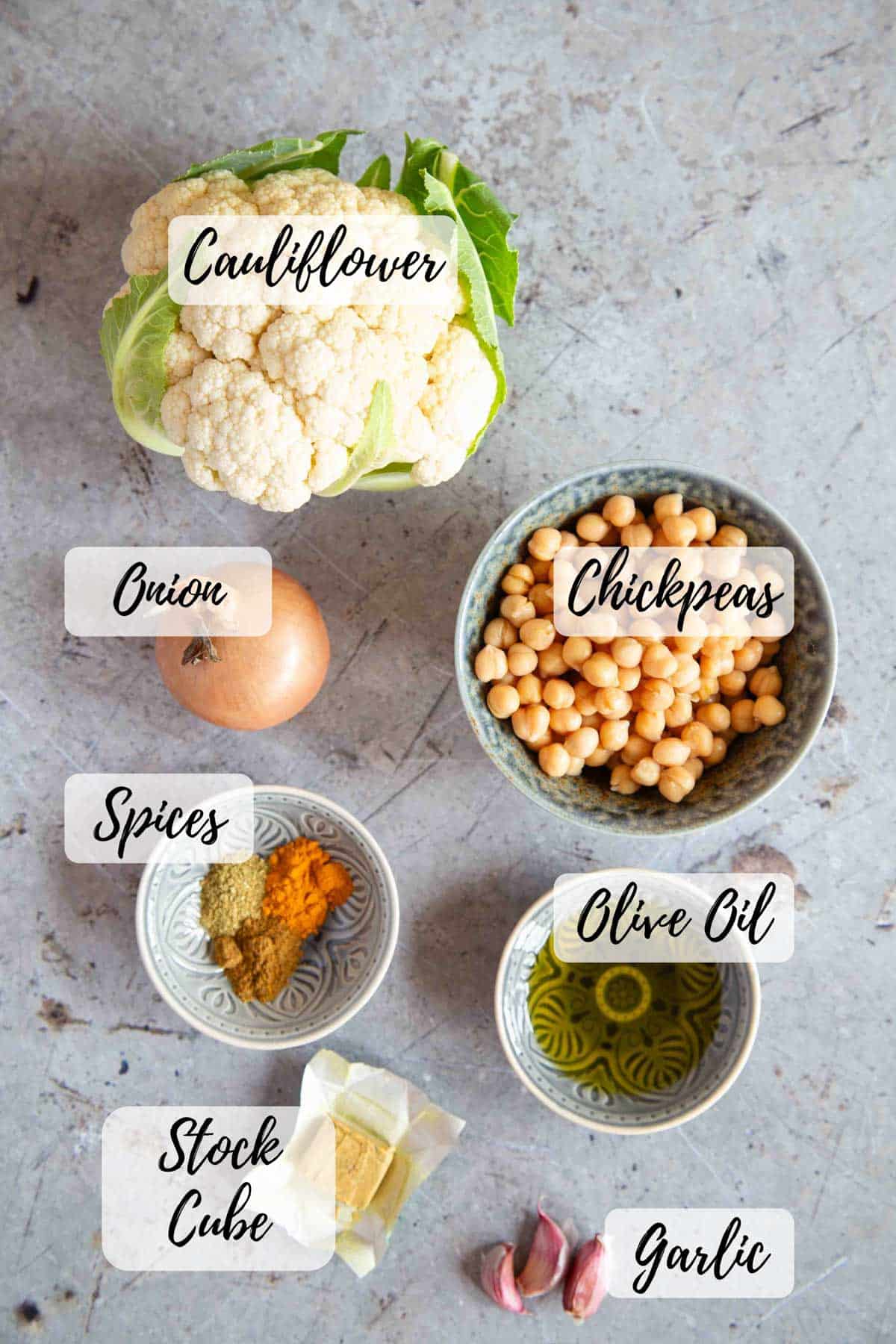 the ingredients laid out ready to make soup text overlay labels each one