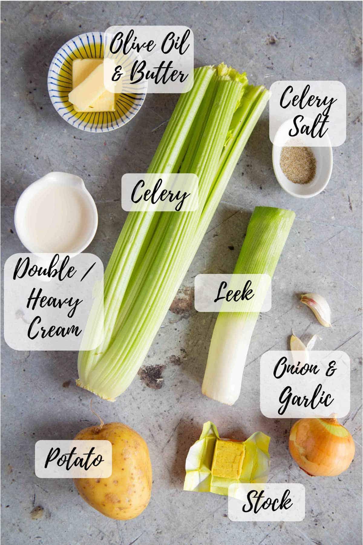 Ingredients for cream of celery soup laid out ready for cooking