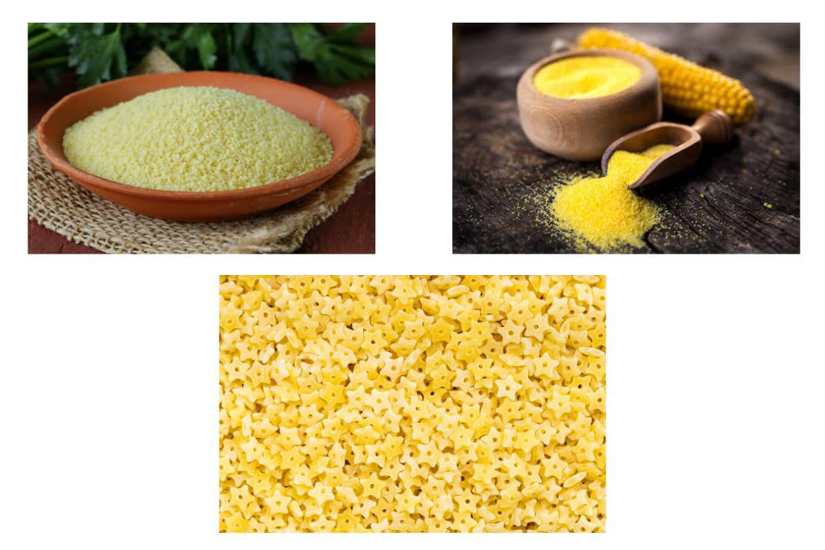 bowls of cous cous, polenta and tiny pasta shapes