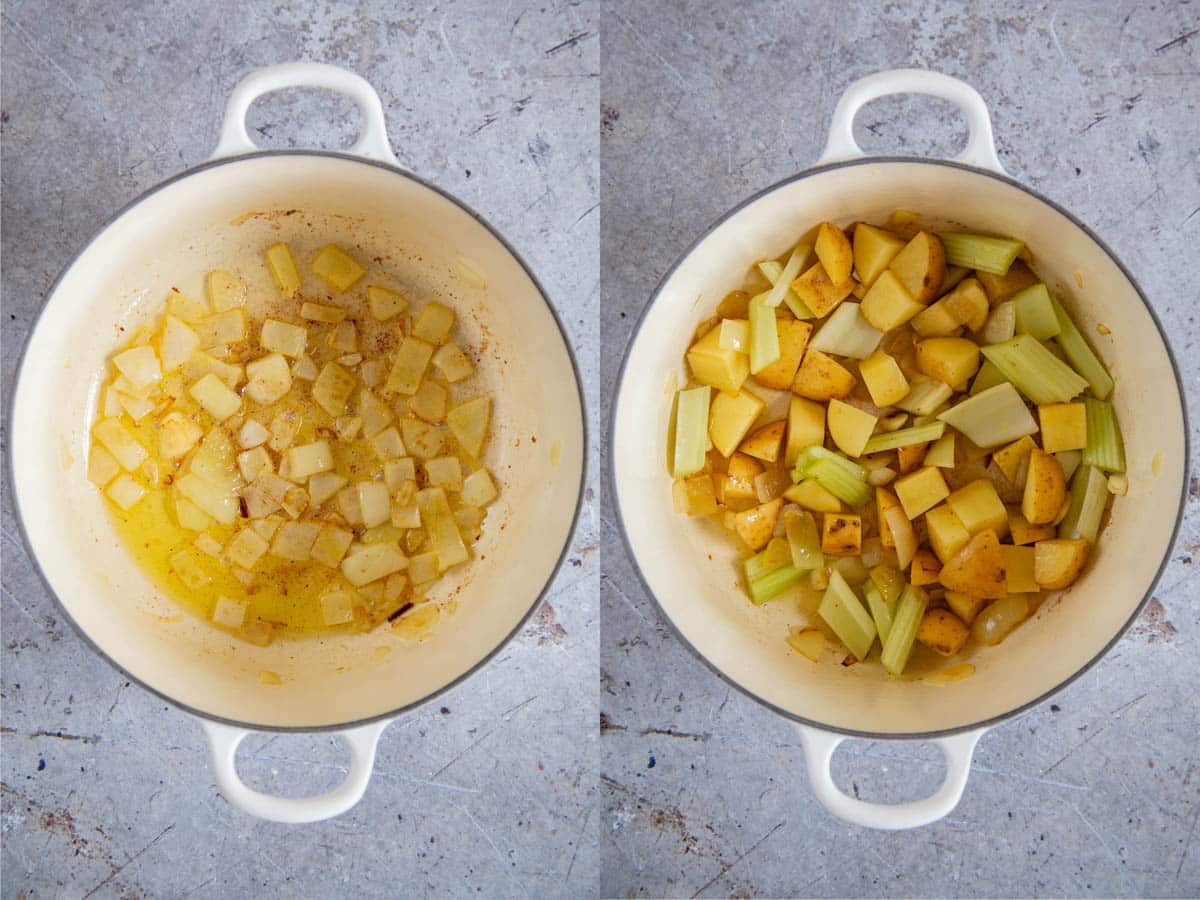 a collage firstly fried onion in the pot secondly the potato celery and garlic have been added
