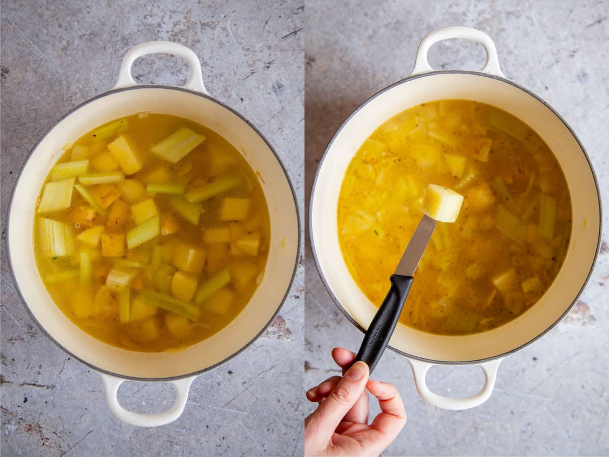 a collage firstly the ingredients have been covered with stock secondly after cooking a chunk of potato is easily pierced with a knife