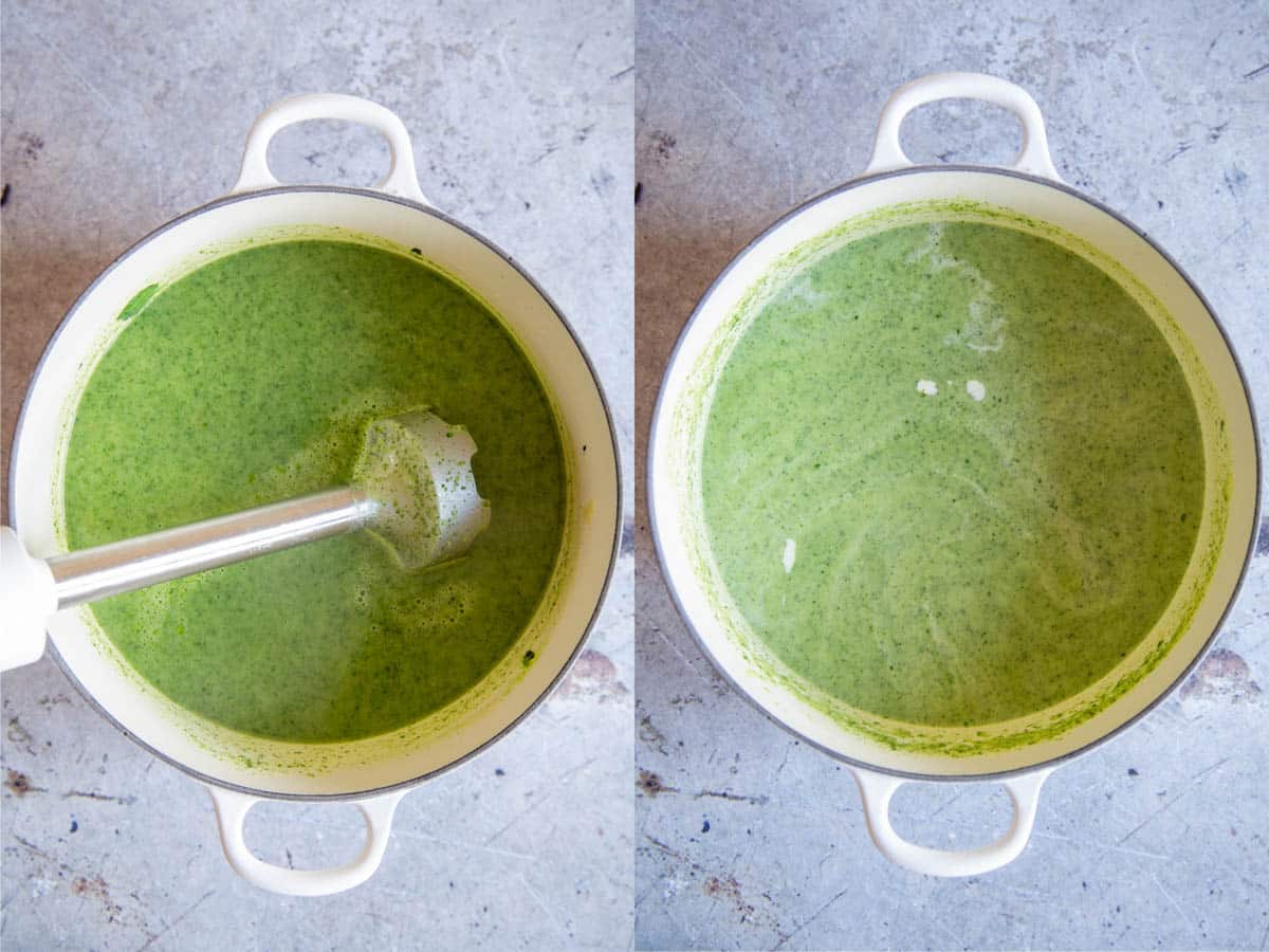 a collage firstly the soup has been blended with a stick blender secondly the cream has been added and swirled though making a pale green soup