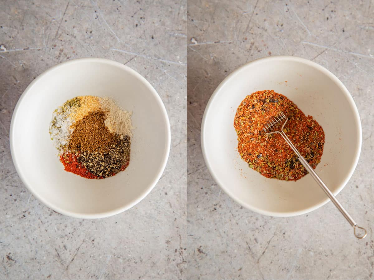 a collage - firstly all the ingredients in a bowl, then the same ingredients mixed