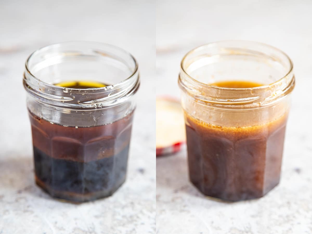 a collage firstly the dressing ingredients in a jar secondly the same ingredients shaken