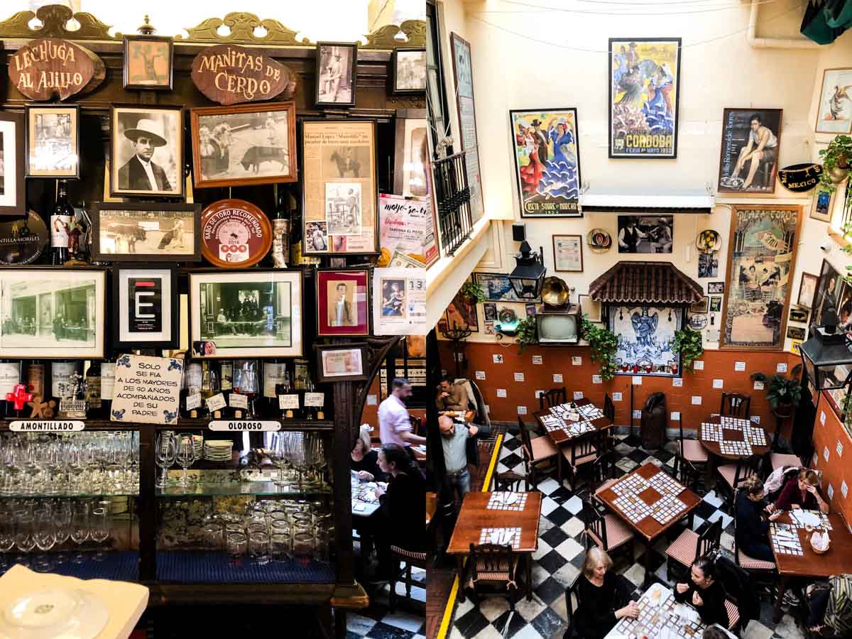 a collage left the bar area with a dark wood wall covered in vintage bullfighting photos right the busy seating area with wood tables and the walls covered with posters