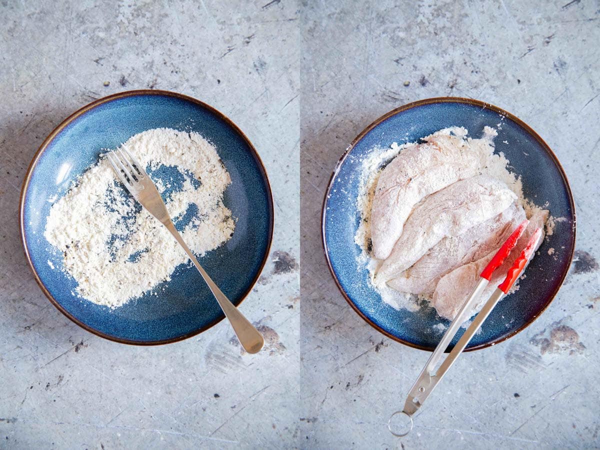 a collage left seasoned flour right the chicken fillets have been coated in the flour