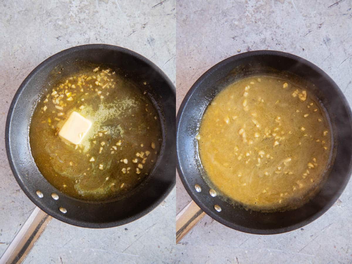 a collage left adding the butter to the sauce right the butter has melted to make a silky smooth sauce