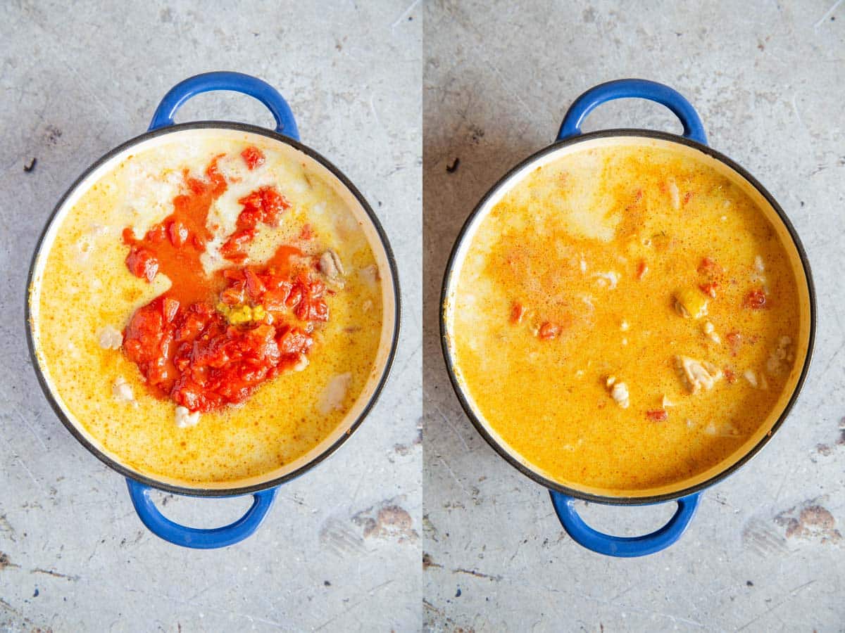 a collage the canned tomatoes and coconut milk have been added to the pan right the ingredients have been stirred and are pale yellow