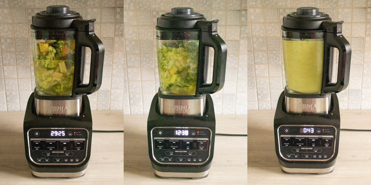 a collage showing the soup maker making the soup from the raw ingredients to the final blend