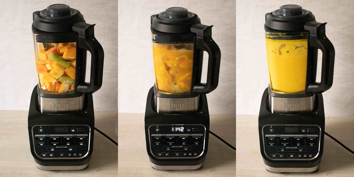 a collage of three images showing the coking process in the soup maker, from the raw ingredients to the finished soup