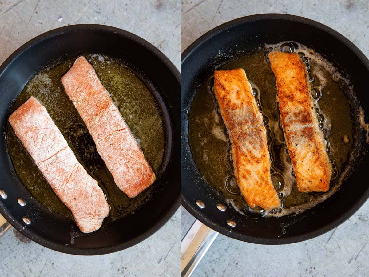 a collage left the floured salmon steaks are in a pan of butter and olive oil right after frying the salmon flesh is golden brown and crispy