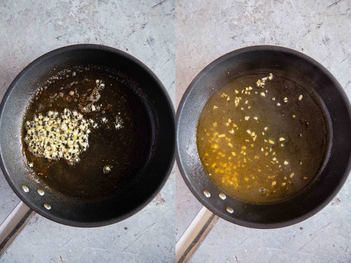 a collage left finely minced garlic has been added to the pan right after cooking the stock is added