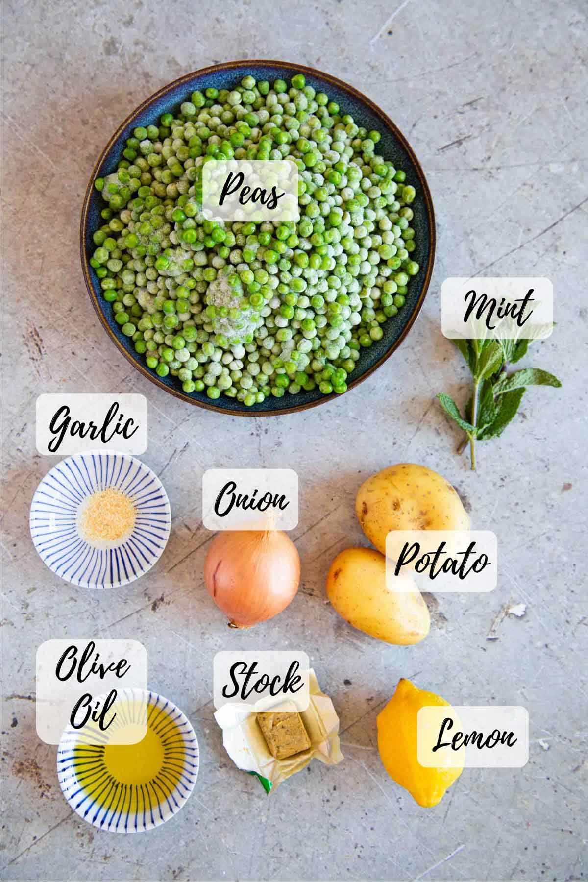 Ingredients for making the soup are set out on a table
