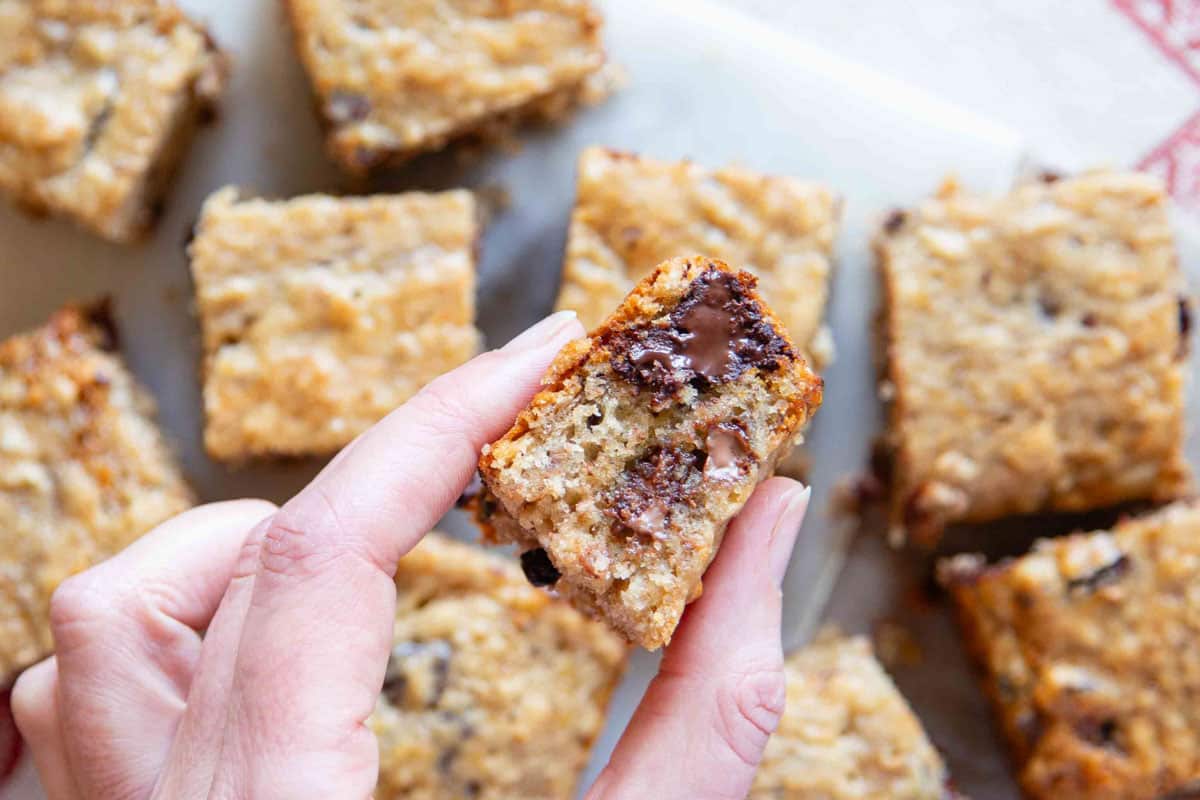 A close up of the finished bake which is still warm showing a melted chunk of chocolate