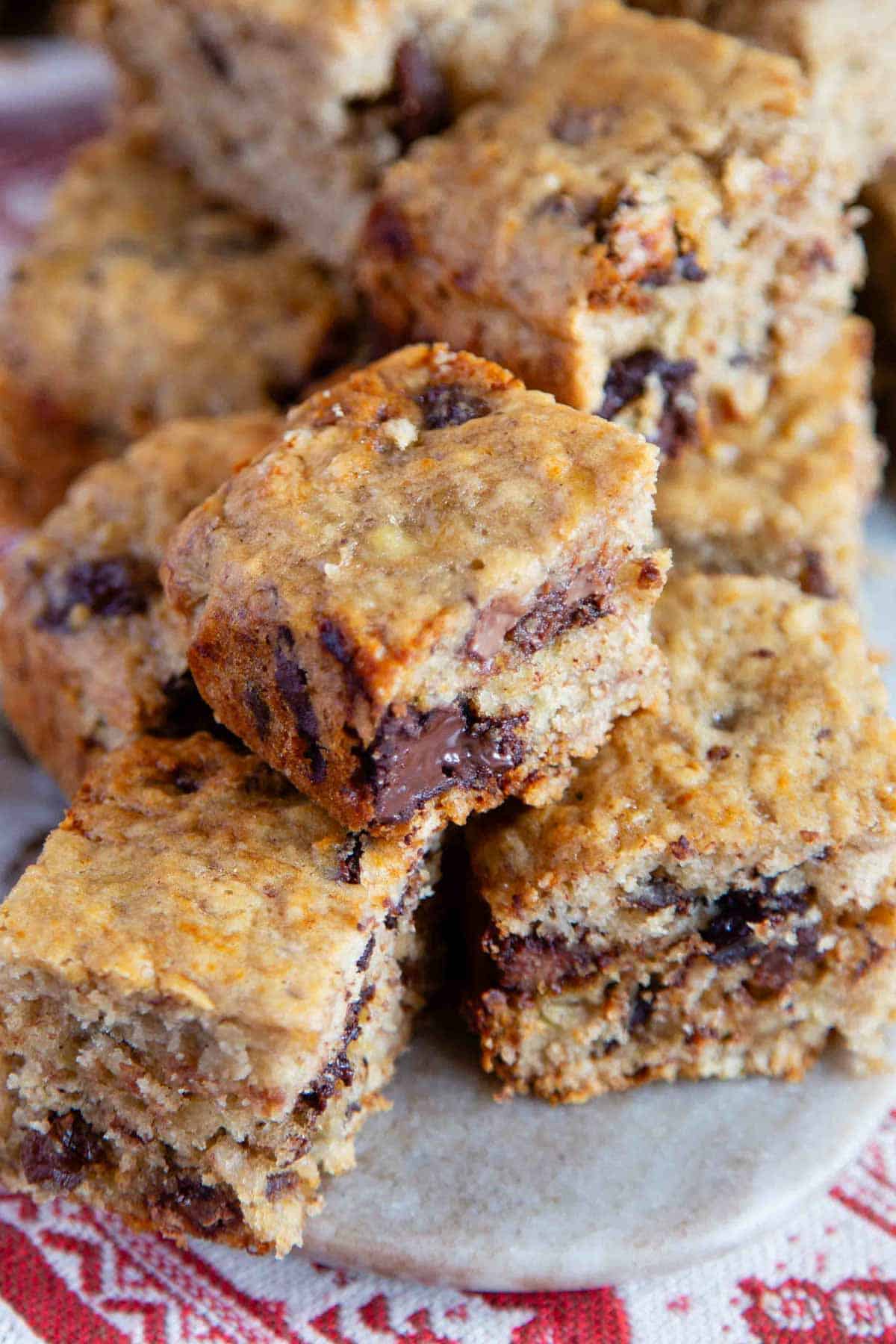 A close up of the finished bake which is still warm showing a melted chunk of chocolate