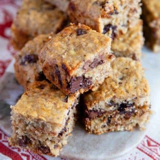 A close up of the finished bake which is still warm showing a melted chunk of chocolate