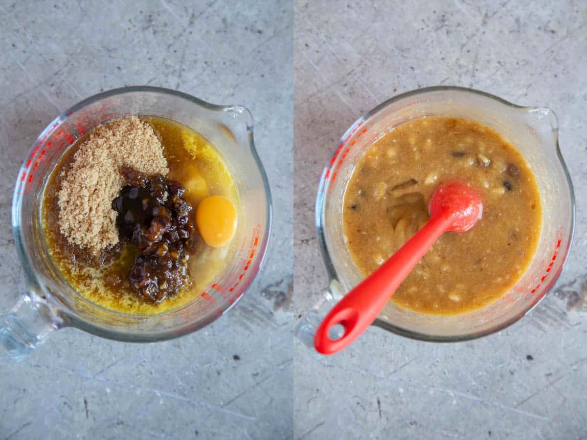 a collage left the melted butter with the egg, sugar and mincemeat right mixed together to make a golden batter