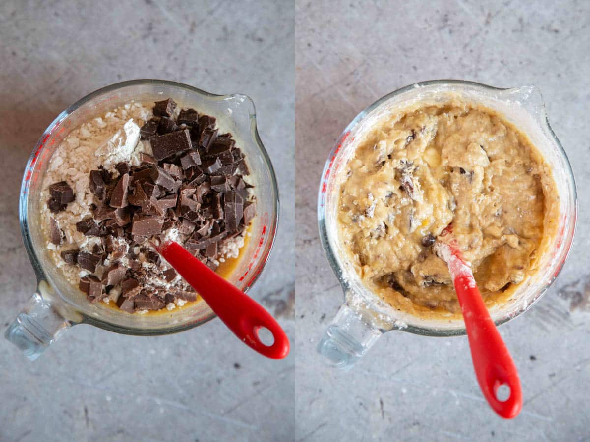 a collage left the flour and chocolate chips have been added right everything has been stirred together to make a thick golden batter