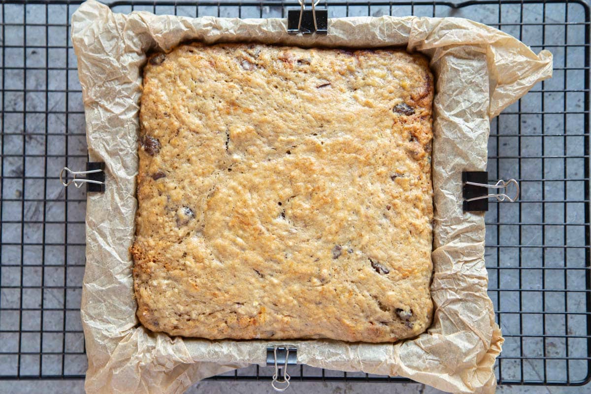 the cooked banana bread has risen and is golden brown