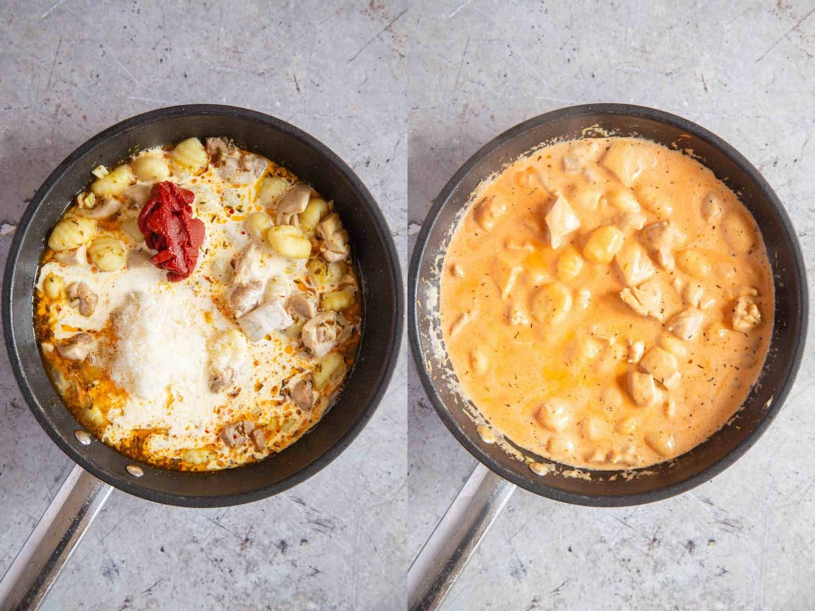 Then the cream is added along with the cheese and tomato paste