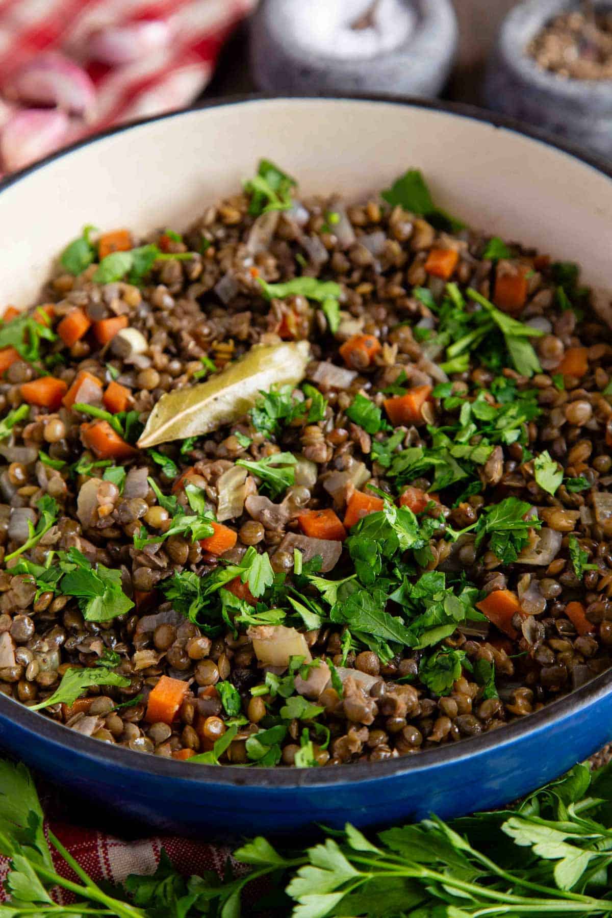 Oblique view of a shallow casserole of braised lentil side dish