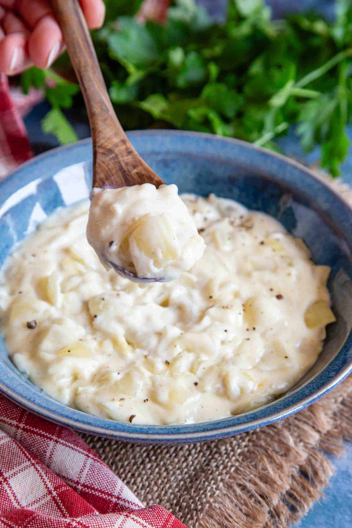A bowl of onion sauce with a wooden spoon holding a serving in the foreground