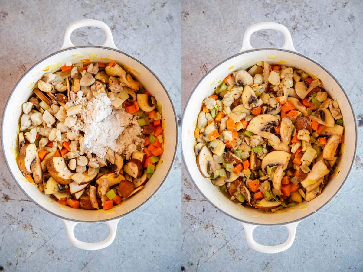 The flour is added to the cooked vegetables, and stirred in and cooked