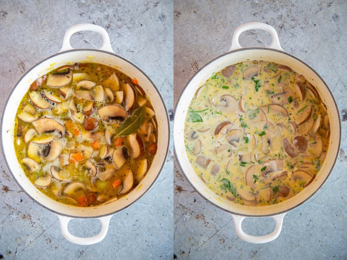 Before and after shots of the final step of adding the cream to the soup