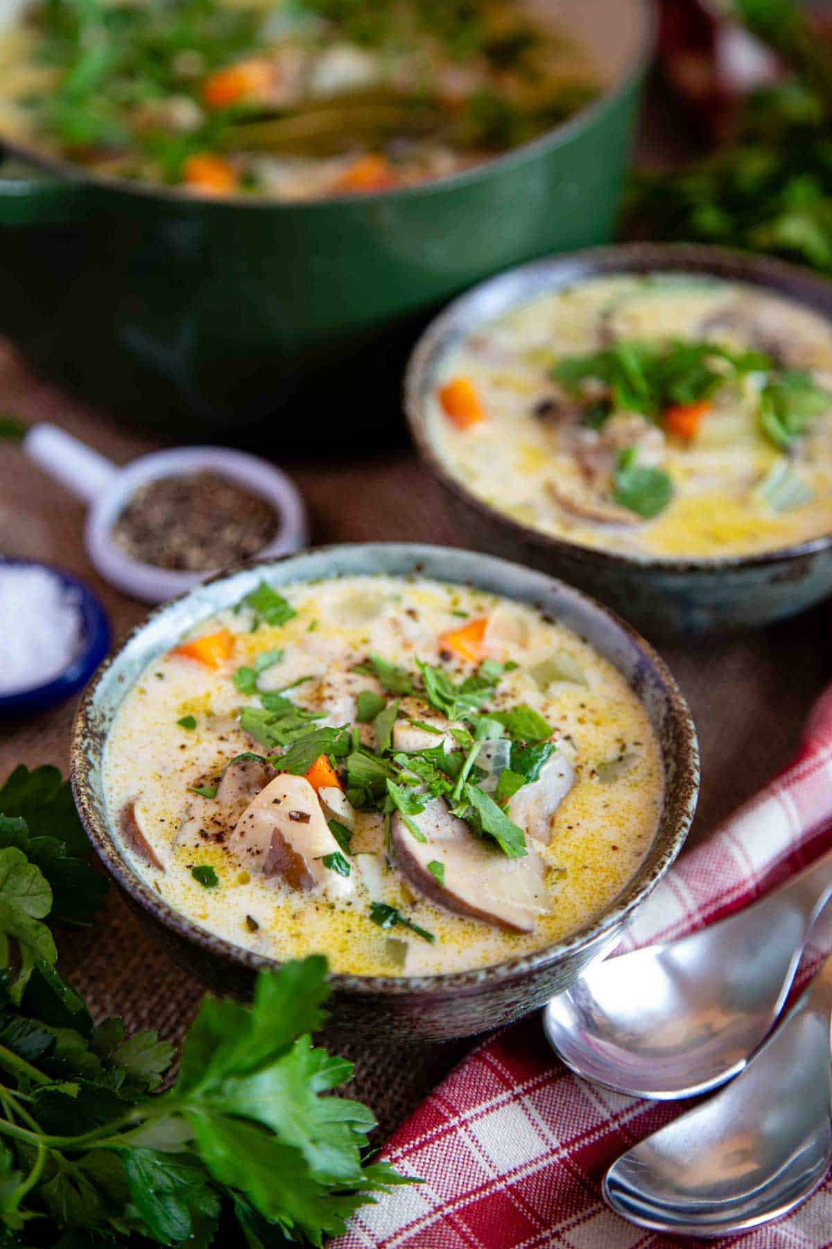 A bowl of creamy chicken mushroom soup garnished with herbs and ready to eat