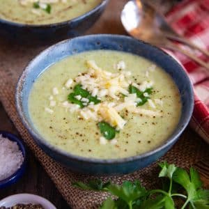 a close up of a blue bowl of pale green soup with a sprinkling of cheese and some parsley leaves floating on top