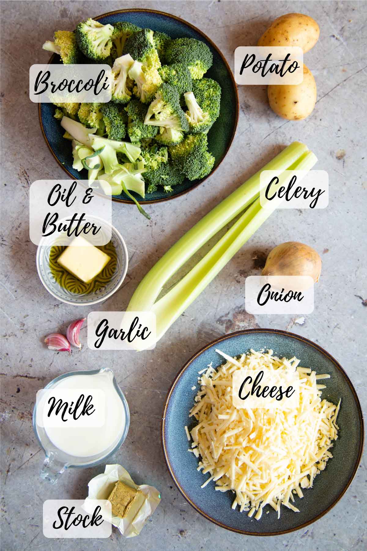 ingredients are broccoli cheddar potato celery onion oil butter garlic milk stock