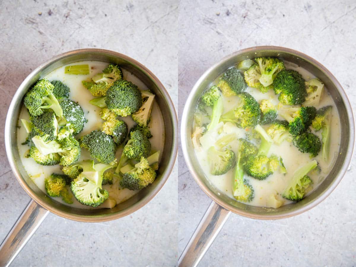 the milk and broccoli are added and cooked