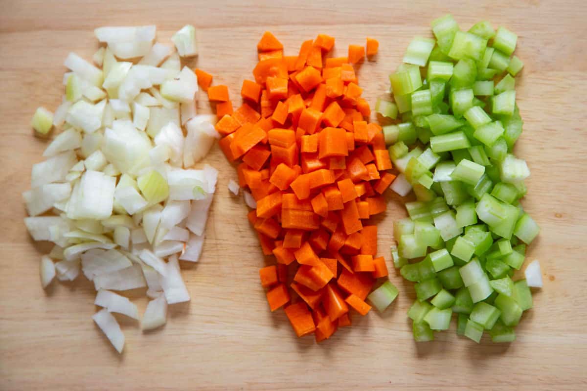 onion carrot and celery chopped into similar sized pieces