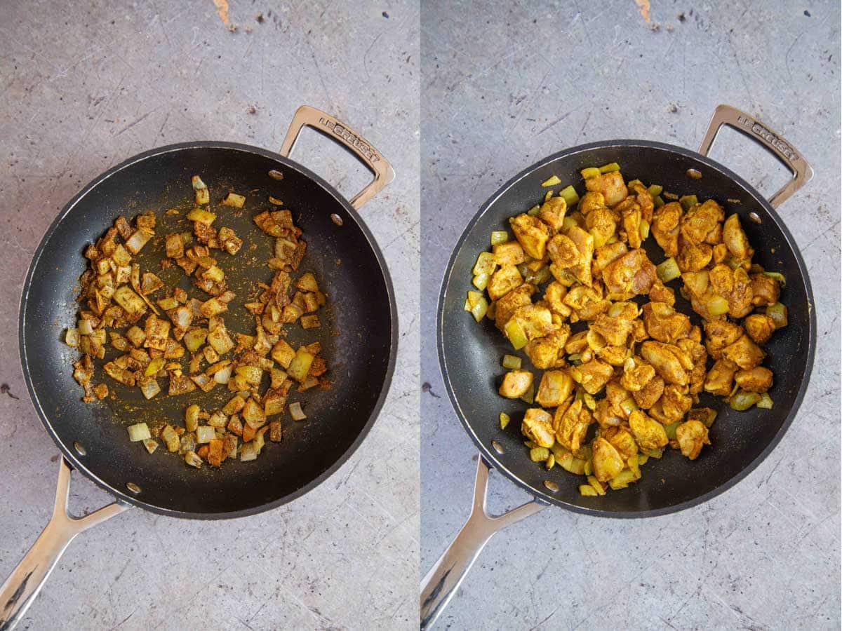 Cooking the spices and then adding the chicken and frying them off