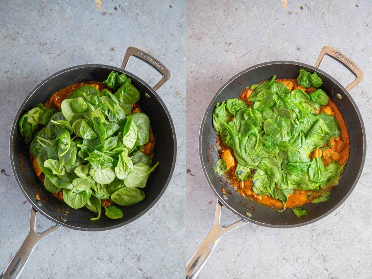 Adding spinach to the chicken curry - before and after it has wilted.