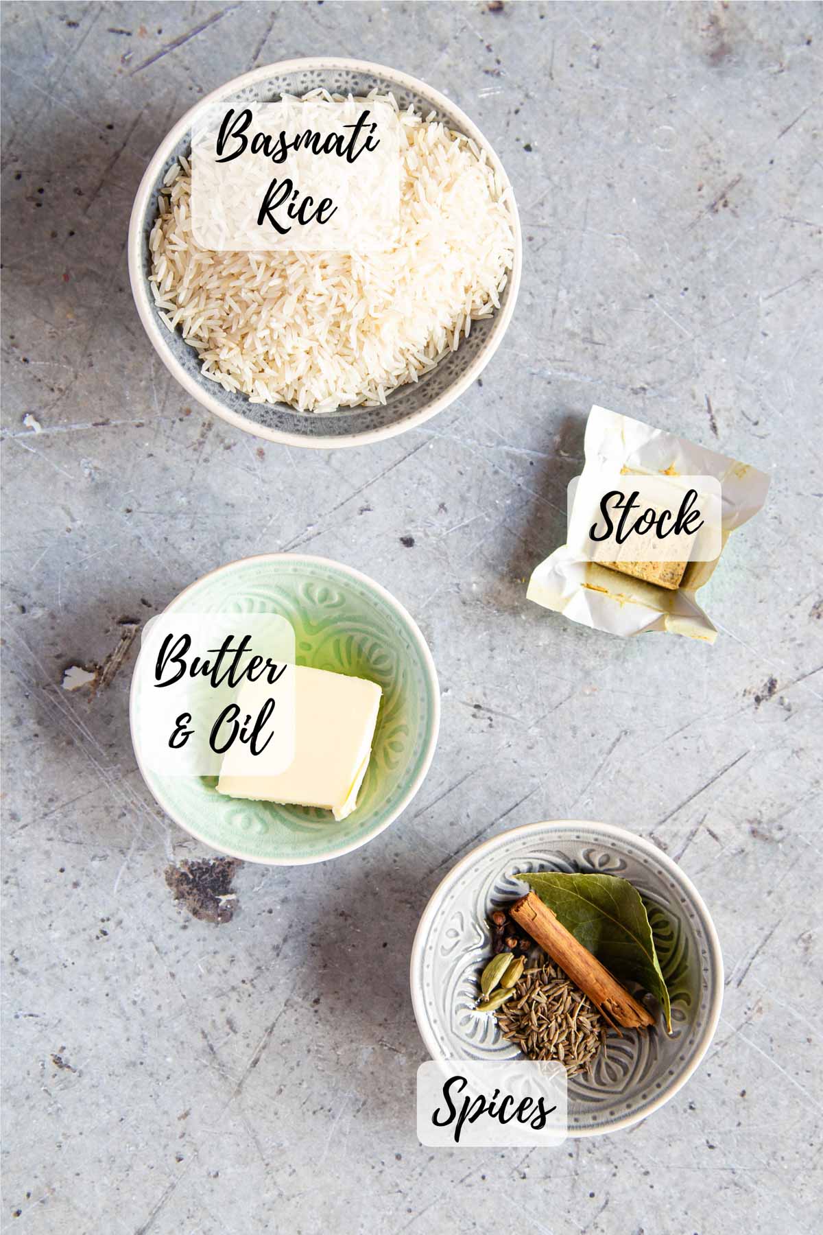 Ingredients are basmati a rice stock cube butter and spices