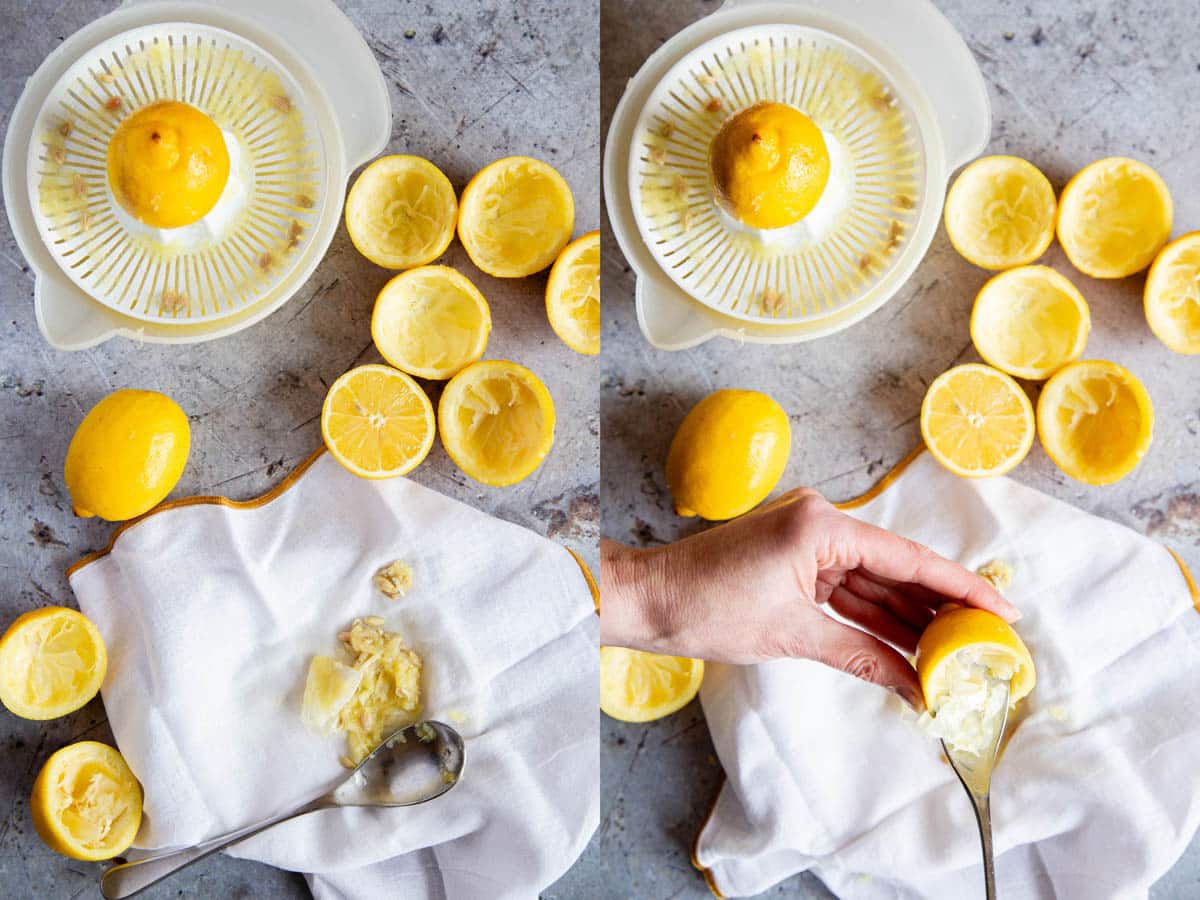 Juicing the lemons and scraping out the pith with a spoon