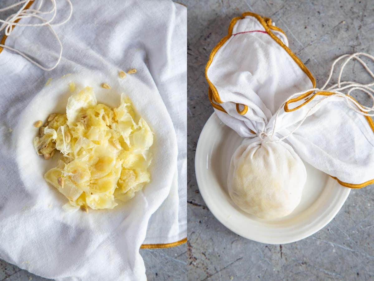 Tying the pith and pips into a muslin cloth