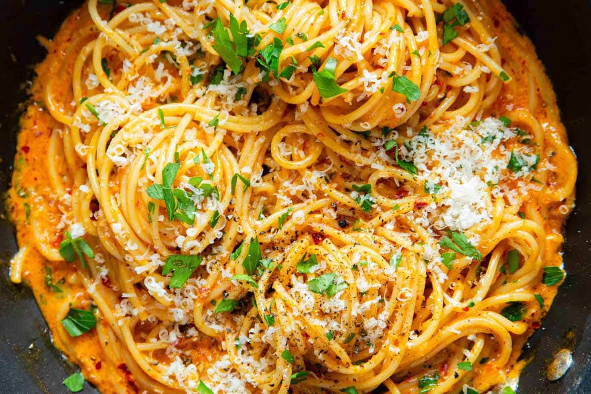 Close up of golden nduja pasta from above