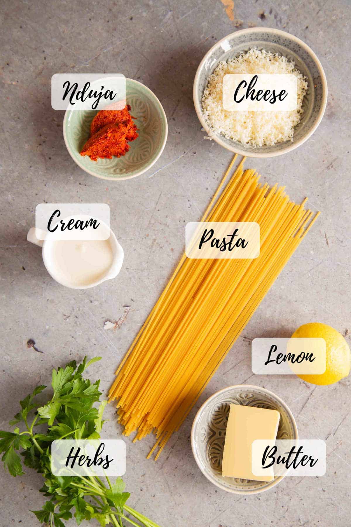 Ingredients are nduja, pasta, grated cheese, cream, lemon, butter and herbs