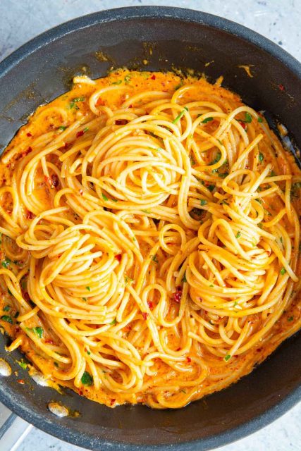 Everything is mixed so the pasta is evenly coated with sauce. Serve immediately and enjoy!