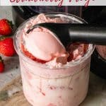 Ninja Creami strawberry frozen yoghurt in the pot with an ice cream scoop taking out a serving
