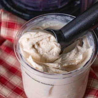 Banana froyo being scooped from the Ninja Creami pot